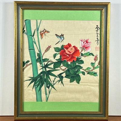 CHINESE SILK PAINTING | Flowering rose. Paint on silk. 10.5 x 10.5 in. sight. Signed upper left. - l. 15.5 x w. 12.5 in (frame)

