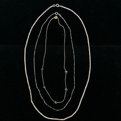 (3pc) STERLING & OTHER NECKLACES | Designed as a sterling silver box link necklace marked on clasp "925" (1.6g), 14K gold...