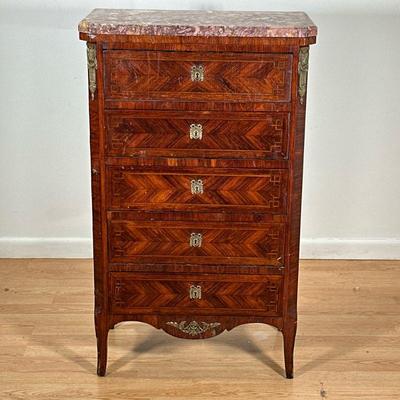 LOUIS XVI STYLE CHEST OF DRAWERS | French Louis XVI style marquetry and brass mounted chiffonier having shaped marble top, chamfered...