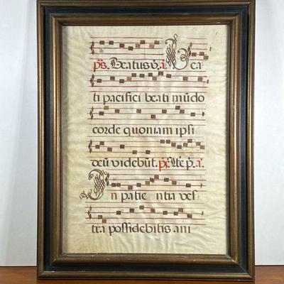 ANTIQUE ANTIPHONAL SHEET MUSIC | Antique Gregorian Latin chant on framed parchment. - l. 24.5 x w. 19 in

