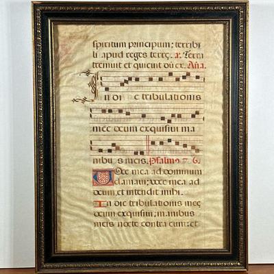 ANTIQUE FRAMED GREGORIAN CHANT | Latin Gregorian chant on double-sided parchment in frame. - l. 20.75 x w. 16.25 in

