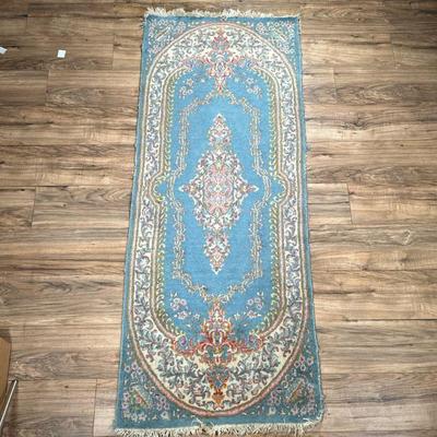 FRENCH STYLE RUNNER | Having light blue backing with pink floral central medallion and border. - l. 72 x w. 28 in

