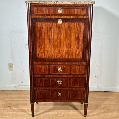 STONE TOP LOUIS XVI ABATTANT | Tall Louis XVI style secretary desk with shaped marble top over fold-down desk and 4 full-width drawers. -...