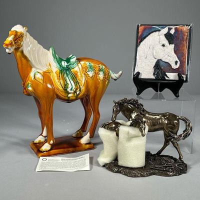 (3pc) DECORATIVE EQUESTRIAN ART | Including: New in box bronzed statue of a horse & foal from the Studio Collection by Veronese...