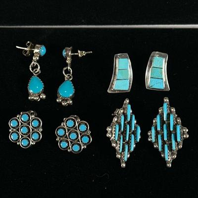 (4pc) TURQUOISE & STERLING EARRINGS | Including 4 pair of sterling silver and turquoise earrings from southwestern native tribes, marked...