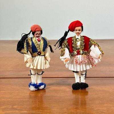 (2pc) PAIR MINIATURE MEN DOLLS | Dressed in traditional dress. - h. 4 in

