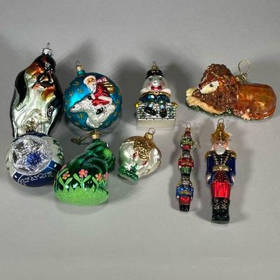 (9pc) Christopher Radko Style Glass Ornament | Including Penguin ornament, Lion, Nutcracker, Stacked nutcrackers, Elephant, Frog, Santa...