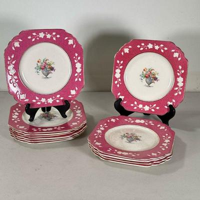 WEDGEWOOD QUEEN’S IVORY PLATES | 12 dinner plates with pink floral & gilt border. - dia. 8.5 in

