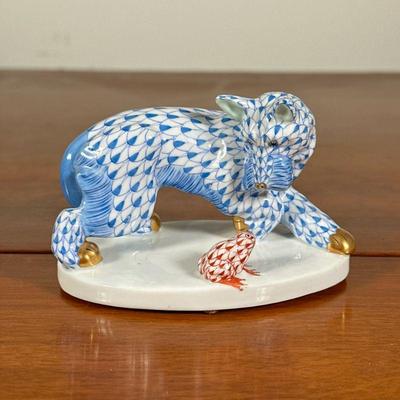 HEREND PORCELAIN DOG FIGURINE | Hand painted dog figurine with small frog by Herend Hungary. - l. 4.25 x w. 2.5 x h. 3 in

