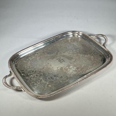 Gorham Silver Plated Tray | Double handled silver plate serving tray with engraved decoration and gadrooned rim. - l. 26 x w. 14.5 in

