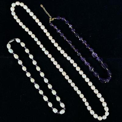 (3pc) PEARL & CARVED STONE NECKLACES | Including 9.5mm string of pearls, string of 9.5mm baroque pearls and stone beads, and...