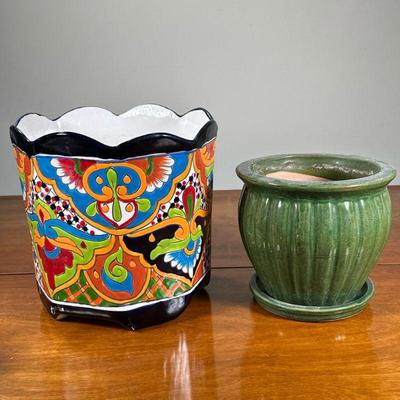 (2pc) CERAMIC PLANTERS | Including larger colorfully glazed planter and green glazed planter with tray. - h. 11 x dia. 11 in

