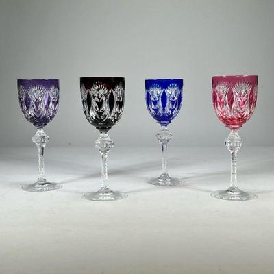 (4pc) Cut To Clear Glasses | Stemware wine glasses, color cut to clear crystal, including one dark red, purple, blue, and pink. - h. 8.25...