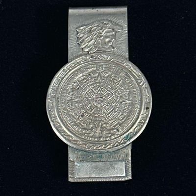 VINTAGE MEXICAN "ALPACA" MONEY CLIP | Having engraved medallion front marked on back "Alpaca". - l. 2.5 x w. 1.5 in

