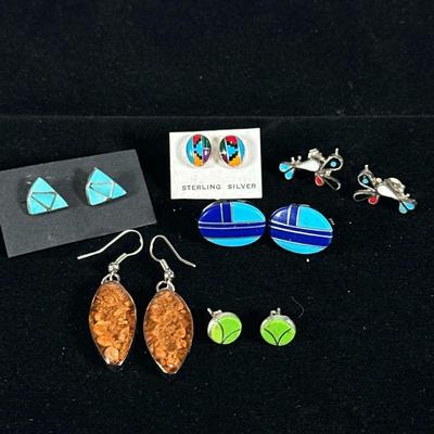 MIXED NATIVE AMERICAN & OTHER EARRINGS | Including earrings mounted with turquoise, lapis lazuli, coral, other semi-precious stones...