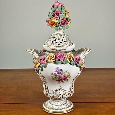 WESSEL FRANKENTHAL POTPURRI VASE | Decorated with flower relief and painting with gilt accents. - h. 15 x dia. 8 in

