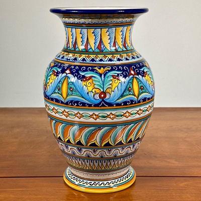 DERUTA ITALY GLAZED VASE | Colorfully glazed vase marked on bottom “Dipinto Amano / Fima / Deruta / Made in Italy”. - h. 12 x dia. 7 in

