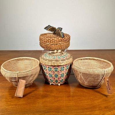 (4pc) HAND WOVEN BASKETS | Including: pair of Focus by Ishikawa baskets, Canadian basket, and and woven basket with butterfly. - h. 7 x...