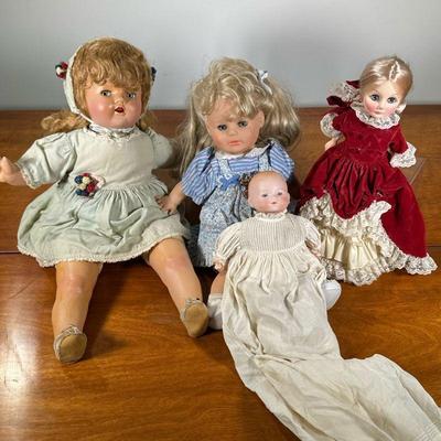 (4pc) GERMAN DOLLS | Weighted dolls including 2 porcelain dolls and 2 plastic dolls with weighted eyes. - h. 23 in (largest)

