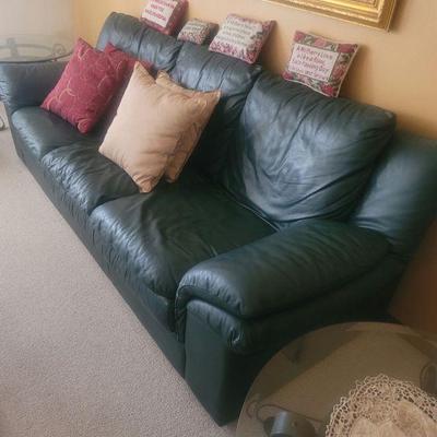 Hunter green all leather sofa with matching chair & ottoman