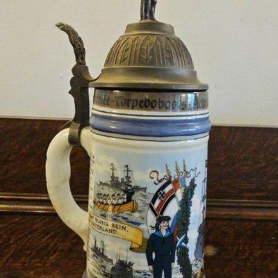 TTT198-Vintage If Not Antique Regimental German Navy WWW1 Lithophane Beer Stein