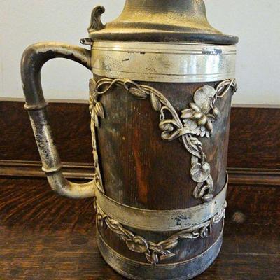 TTT176-Vintage St. Louis Silver Company Oak and Silver Plate Stein