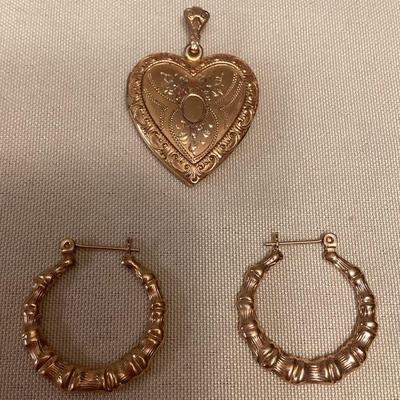 TTT510 14K Gold Hoop Earrings & 12K GF Heart Shaped Locket