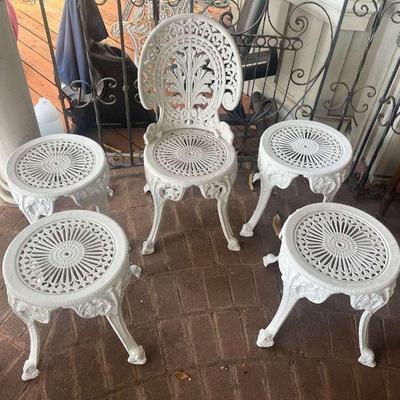 TTT051 White Wrought Iron Chair And Four Stools/End Tables