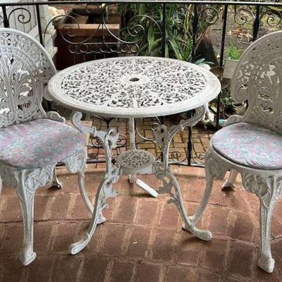 TTT038- White Wrought Iron Table And Two Chairs