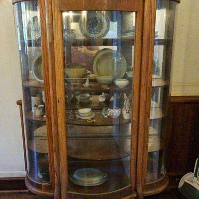 TTT351-Vintage Oak Bow Front Mirrored 5 Level Curio Cabinet
