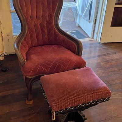 TTT017 Vintage Carved Wooden Velvet Chair & Ottoman
