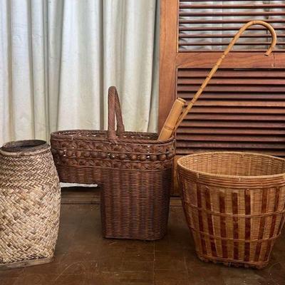 TTT447- Assorted Woven Baskets, Bamboo Cane & Pu’ili Instrument