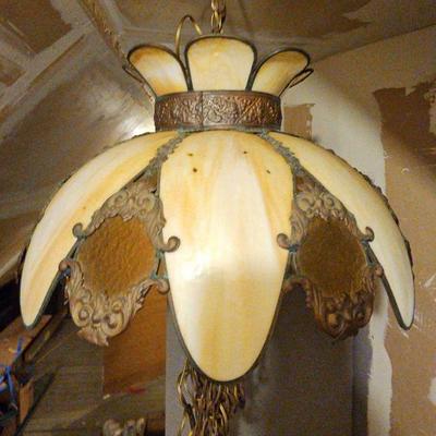 TTT603-Interesting Victorian Tiffany Like Style Slag Glass Possibly Bronze Pendant Chandelier