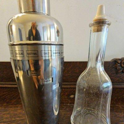 TTT231-Vintage Nickel Plated Select A Drink Cocktail Shaker/ Vintage Hand Blown Fluted Decanter