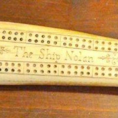 TTT489-Vintage Scrimshaw Replica Walrus Tusk P. Aixle "The Ship Nolan"