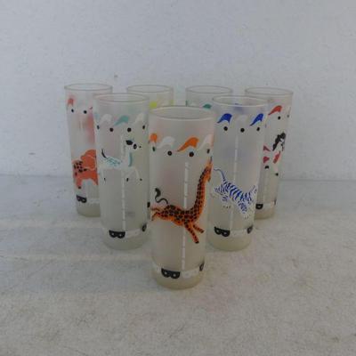Vintage 1950s MCM Libby "Merry-Go-Round (Circus Carousel)" Set of 7 Cooler/Tom Collins Glasses