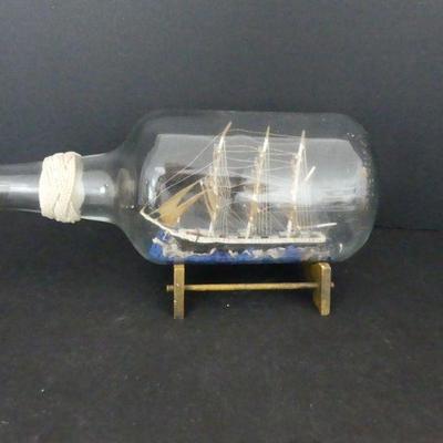 Vintage 1970s Hand Made & Gifted by Crafter Ship-in-a-Bottle on Wooden Stand - 4" Diameter x 12"
