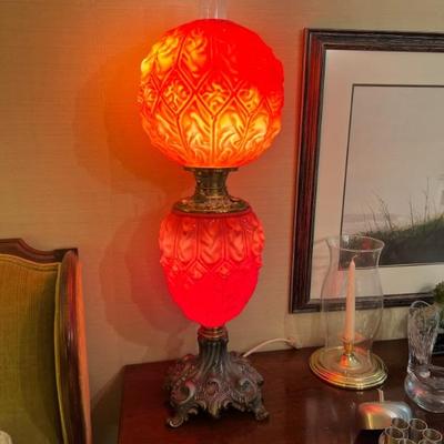 Victorian Consolidated Glass Imperial Red Satin Cerise Antique 19th Century Kerosene Lamp (it has been electrified, in good working...