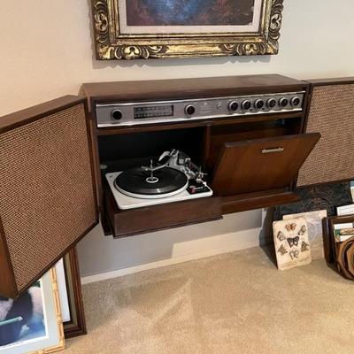 Mid Century Modern General Electric GE Wall Stereo Console Record Player with Built-In Speakers