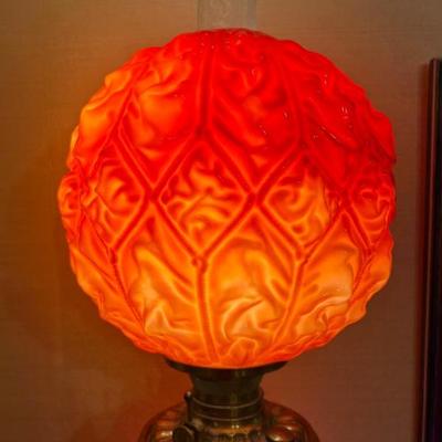 Victorian Consolidated Glass Imperial Red Satin Cerise Antique 19th Century Kerosene Lamp (it has been electrified, in good working...