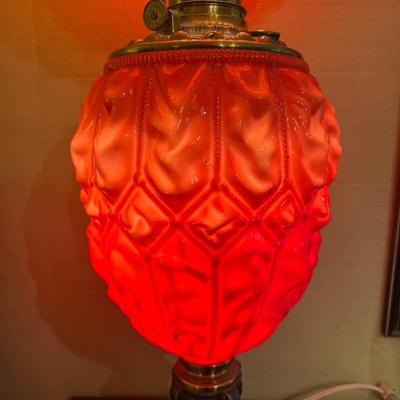 Victorian Consolidated Glass Imperial Red Satin Cerise Antique 19th Century Kerosene Lamp (it has been electrified, in good working...