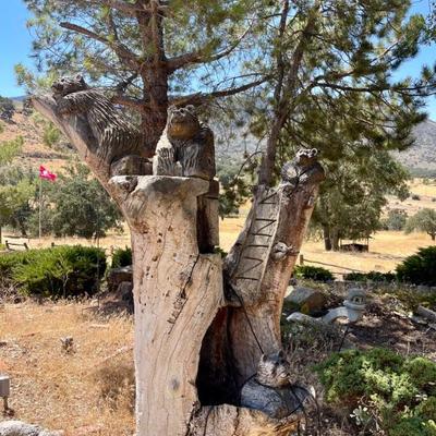 Large carved tree stump with raccoons must have someone to help load