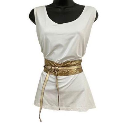 Lot 003   0 Bid(s)
Gold Mesh Metal Wrap Cinch Belt, Leather Ties