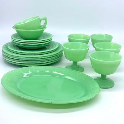 Laurel pattern Jadeite dinnerware