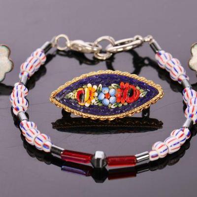 Italian micro mosaic brooch, enamel earrings, glass bracelet