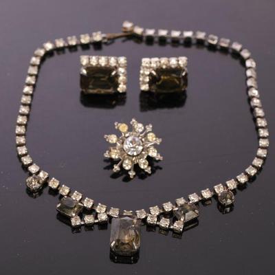 Rhinestone and smoky quartz necklace, earrings, brooch