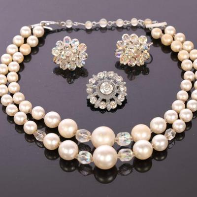 Vintage Pearl and aurora beaded necklace, earrings, brooch