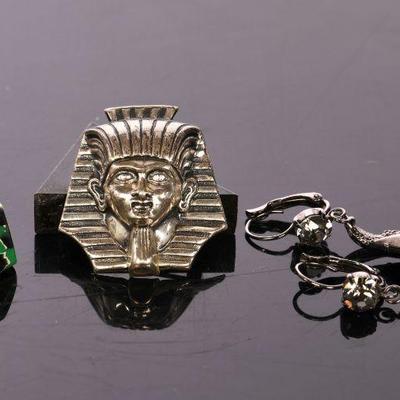 Sterling silver Jewelart pharaoh brooch, Art Deco Bakelight ring, earrings
