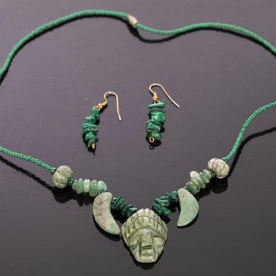Carved jade & malachite necklace and earrings