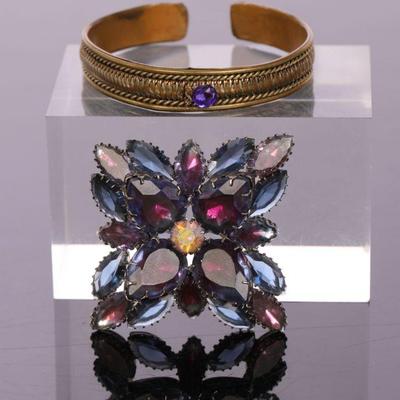 Vintage jeweled brooch and cuff bracelet